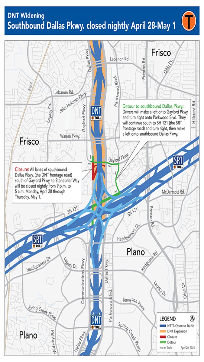 Traffic Alert:

Southbound Dallas Pkwy. (DNT frontage road) closed nightly 9 PM–5 AM, Apr 28–May 1, from Gaylord Pkwy. to Stonebriar Way.

Detour: Left on Gaylord Pkwy., right on Parkwood Blvd., right on SH 121, left back onto southbound Dallas Pkwy.
#Frisco #Plano #Traffic
