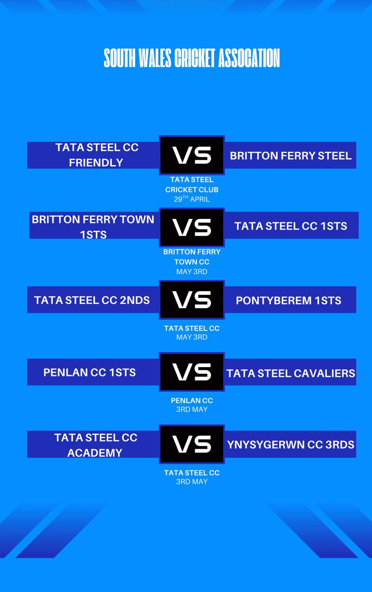 Tata Steel Cricket (@tatasteelcc) on Twitter photo And just like that the season has come and with the sun shining this week we hope to start the season off the right way
1sts-<a href="/BritonFerry_TCC/">Briton Ferry Town Cricket Club 🏏</a>
2nds-<a href="/PontyberemCC/">Pontyberem CC</a>
Cavs-Penlan CC
Academy-<a href="/YCCSocialevents/">Ynysygerwn Sports & Social Club Official</a> And just like that the season has come and with the sun shining this week we hope to start the season off the right way
1sts-<a href="/BritonFerry_TCC/">Briton Ferry Town Cricket Club 🏏</a>
2nds-<a href="/PontyberemCC/">Pontyberem CC</a>
Cavs-Penlan CC
Academy-<a href="/YCCSocialevents/">Ynysygerwn Sports & Social Club Official</a>