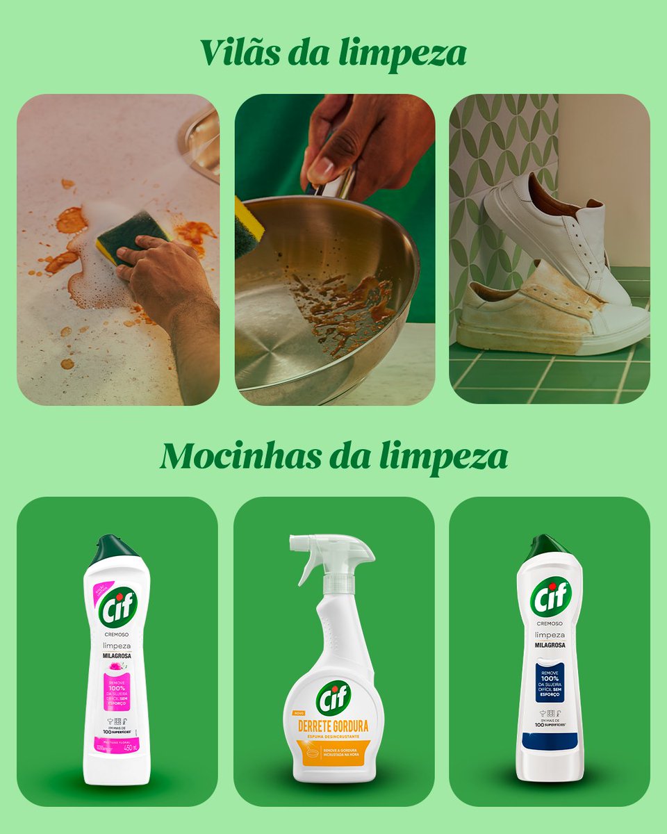 Quando as vilãs da limpeza se encontram, as nossas mocinhas entram em cena!

*Leia e siga o modo de uso que consta 
no rótulo e site do produto. #vilas