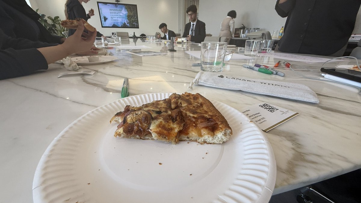 MoonMiazi's tweet photo. Hey, long time no post! Took a break, and today I kicked things off again with a visit to Canary Wharf alongside the Wellbeing Ambassadors: toured the 30th floor, heard about CW’s #NetZeroBy2040 pledge, then brainstormed youth engagement ideas &amp; pitched them. Pizza refuel too! https://t.co/R4413duW2r