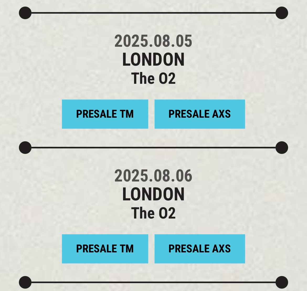 ARMATIONMEETS's tweet photo. The Ticket Page 

Link : https://t.co/0bA3hSVHJY

Ticketmaster presale: https://t.co/2zMvW7oh95

AXS Presale: https://t.co/o72GFV8kMb 

#Jin_TOUR #LondonO2 https://t.co/WZusQIhONC