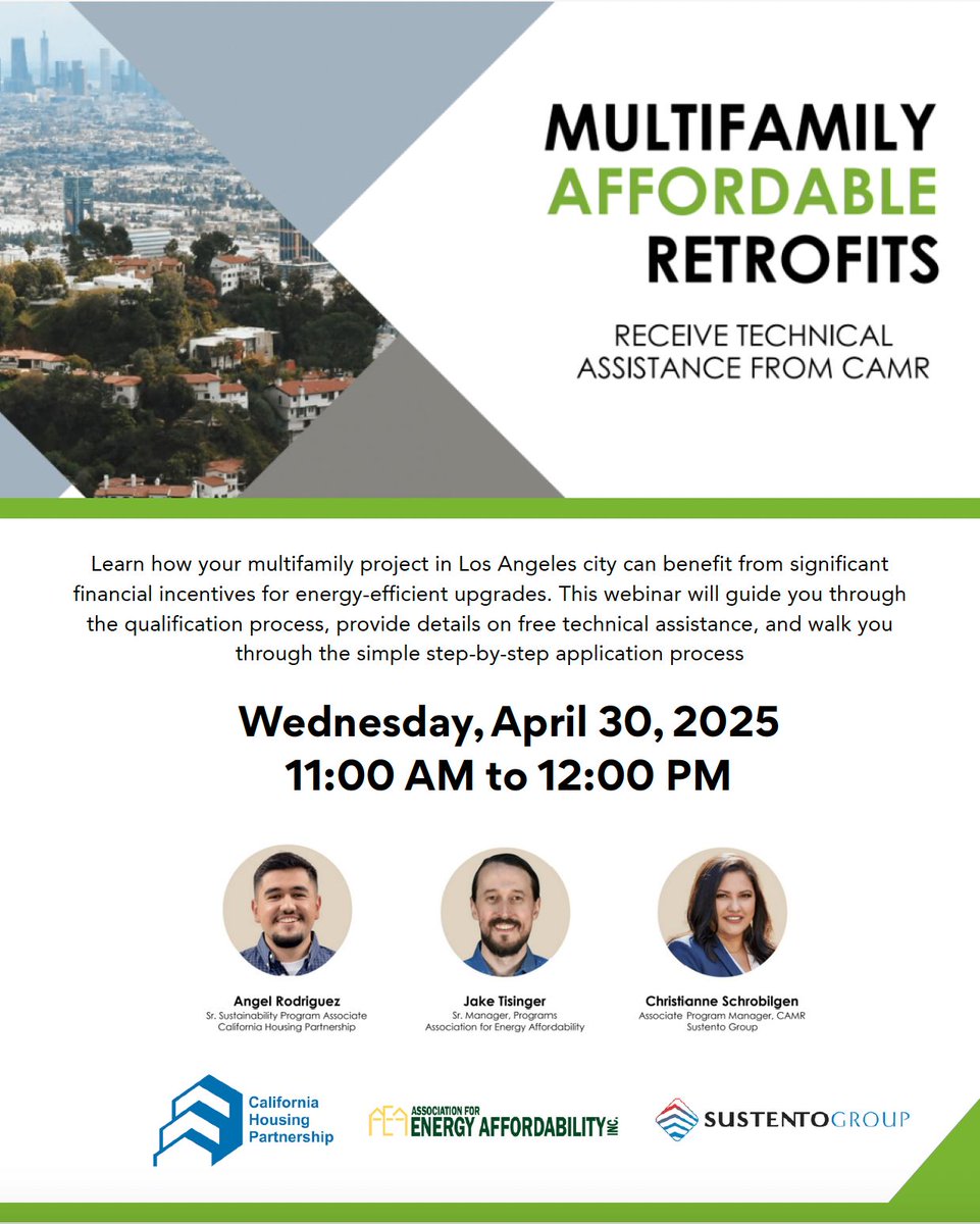 Hosted by California Housing Partnership! Learn how to unlock big energy incentives for LA multifamily properties. 

Register here: us02web.zoom.us/webinar/regist…