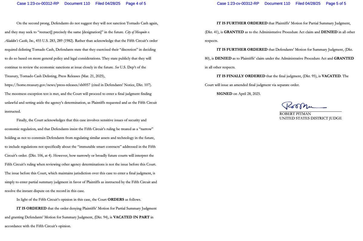 iampaulgrewal's tweet photo. After the 5th Cir. ruled against the government in November, it repeatedly tried to avoid entry of a final judgment in the Tornado Cash case. It asked the Court TWICE for long delays before claiming the case was moot (with no final judgment needed) b/c they had chosen to remove Tornado Cash from the Sanctions List in "their discretion." Today the Court said no to this nonsense. OFAC is now legally prohibited from re-instating the original sanctions. 1/3