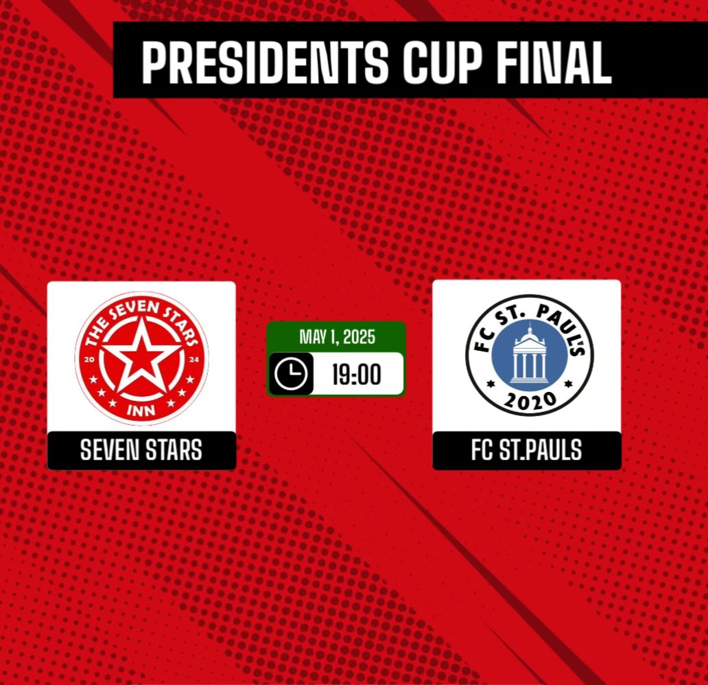 Seven Stars FC (@fcsevenstars) on Twitter photo This Thursday we face <a href="/FCStPauls2020/">FC St. Paulās</a> in the <a href="/OfficialSlcfl/">SLCFL_Official</a> Presidents Cup final. The final is to be played at the home of <a href="/OfficialDHFC/">Daisy Hill FC</a>
Gates open: 18:00
Kick off: 19:00
Tickets sold on the gate (Cash only) This Thursday we face <a href="/FCStPauls2020/">FC St. Paulās</a> in the <a href="/OfficialSlcfl/">SLCFL_Official</a> Presidents Cup final. The final is to be played at the home of <a href="/OfficialDHFC/">Daisy Hill FC</a>
Gates open: 18:00
Kick off: 19:00
Tickets sold on the gate (Cash only)