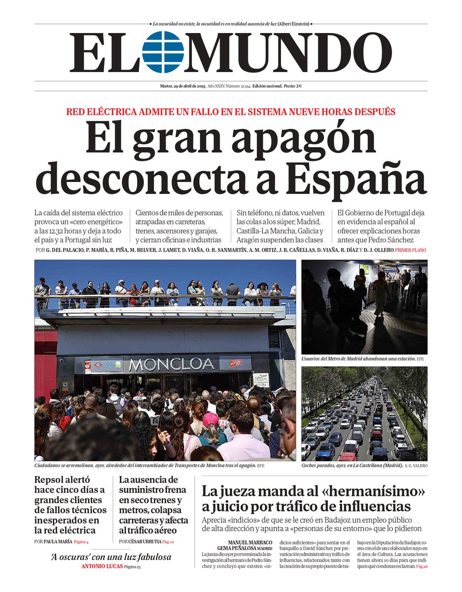 📰Portada de EL MUNDO del 29 de abril  

Ya disponible en Orbyt y en la edición digital con la mejor información.