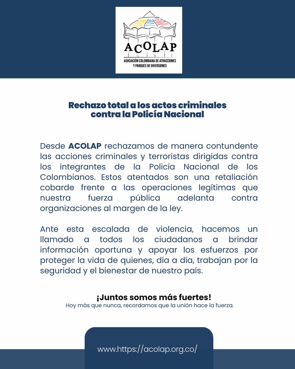 AcolapColombia's tweet photo. Rechazamos de manera contundente los ataques criminales contra los miembros de la @PoliciaColombia.
Estos actos violentos son una retaliación contra las operaciones legítimas contra el crimen.
🇨🇴 Apoyemos con información oportuna. #Seguridad #Colombia #acolap https://t.co/0opqYQrl1S