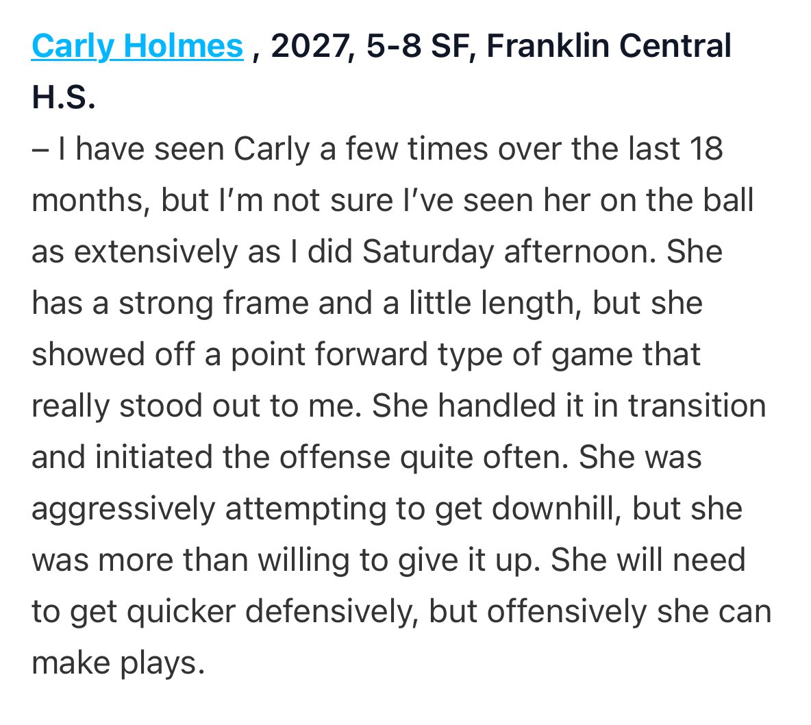 Indiana Basketball Club 17U E40 (@ibc17ue40) on Twitter photo <a href="/CarlyHolmes2027/">Carly Holmes</a> always hustles and plays killer defense. She’s deadly from 3 point land as well. We are very confident when Carly is on the floor! <a href="/IBCWBB/">Indiana Basketball Club</a> <a href="/FCGirlsbasketb1/">Franklin Central Girls Basketball</a> <a href="/CarlyHolmes2027/">Carly Holmes</a> always hustles and plays killer defense. She’s deadly from 3 point land as well. We are very confident when Carly is on the floor! <a href="/IBCWBB/">Indiana Basketball Club</a> <a href="/FCGirlsbasketb1/">Franklin Central Girls Basketball</a>