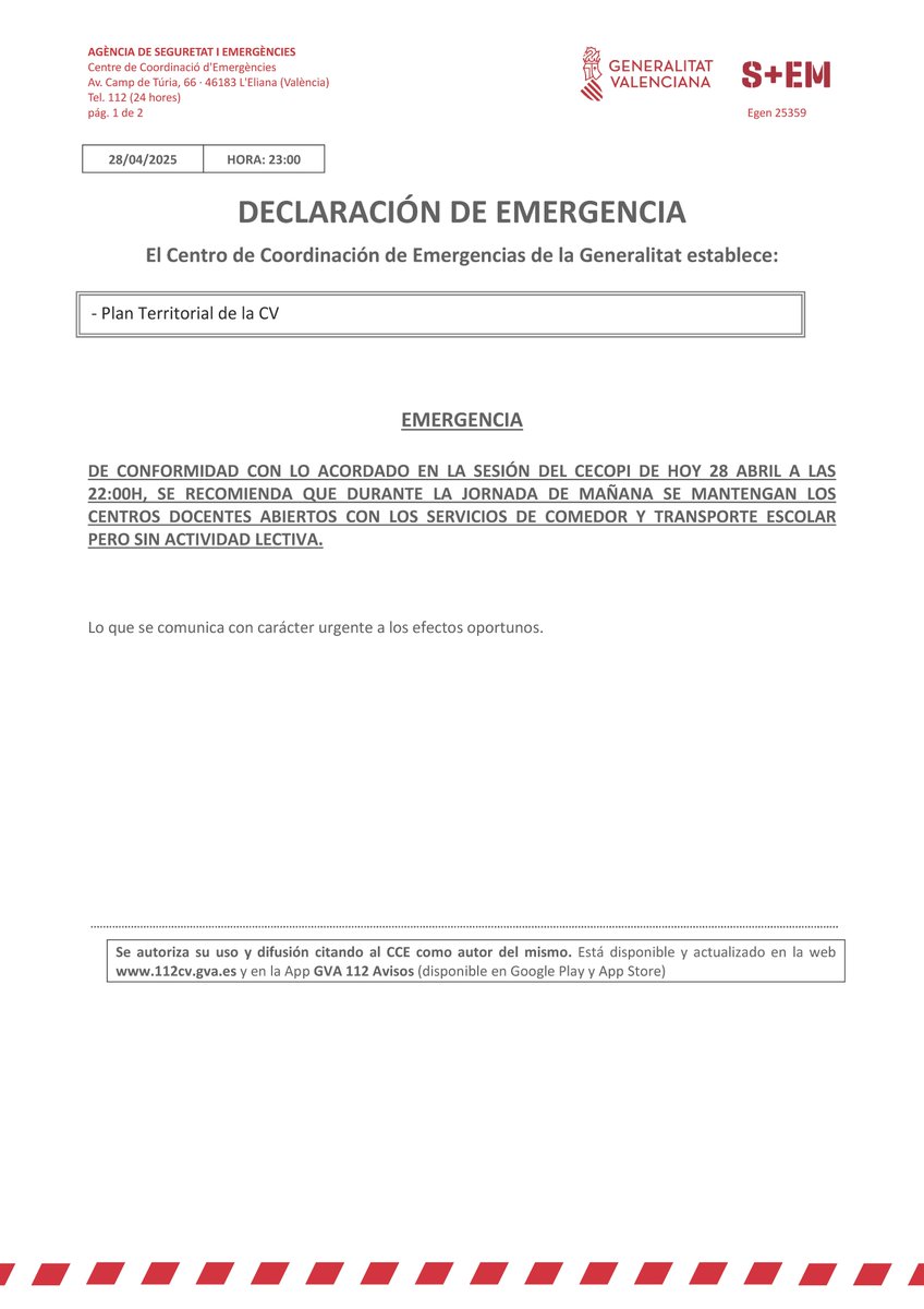 ⚠️🏫El Centro de Coordinación de Emergencias emite un comunicado en el que recomienda a los centros docentes de la Comunitat Valenciana que abran mañana sus puertas y mantengan sus servicios de comedor y transporte, pero sin actividad lectiva.