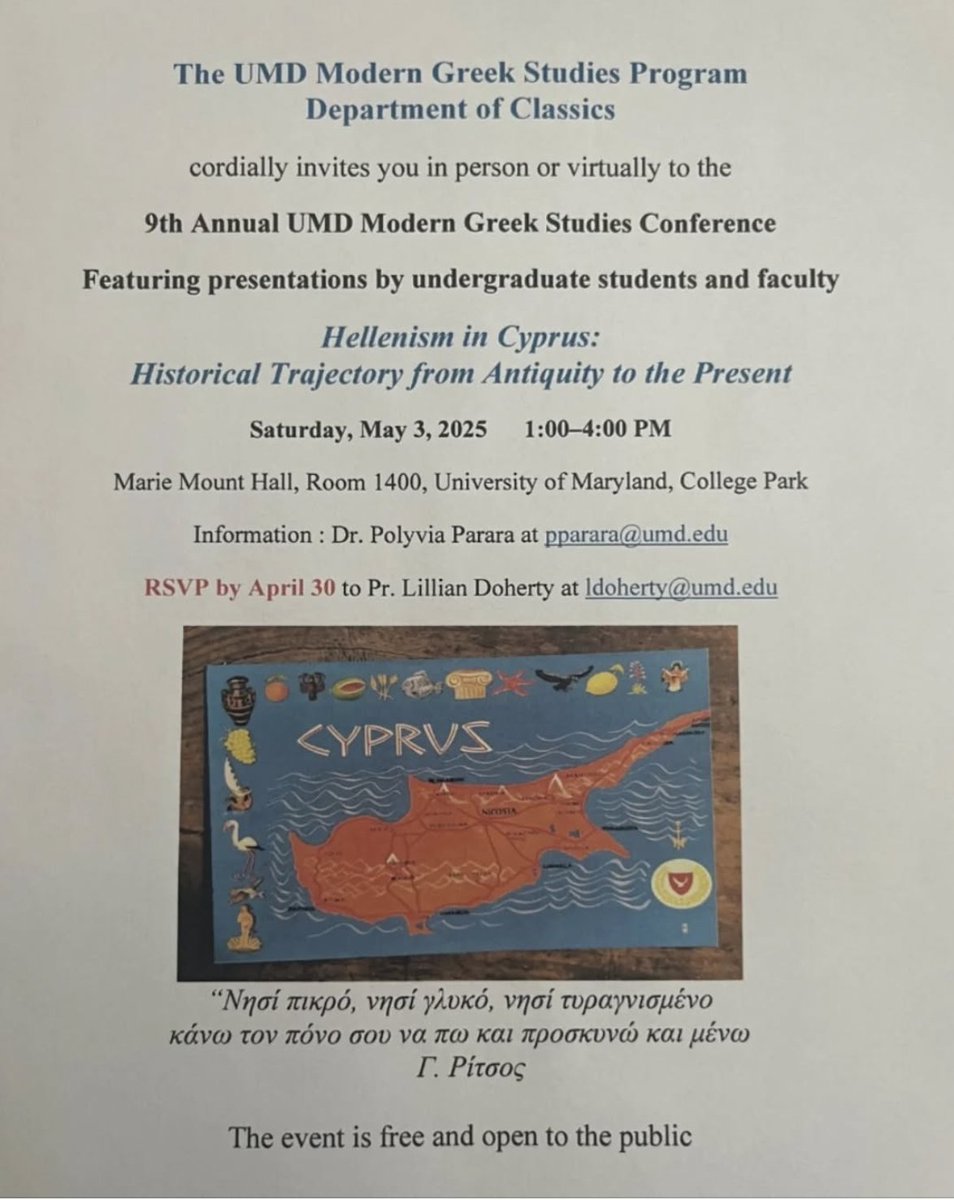 UMD Classics (@umdclassics) on Twitter photo The Classics department invites you all to attend our yearly Modern Greek Studies conference! This fabulous event includes student and faculty presentations, a musical performance, and more. The Classics department invites you all to attend our yearly Modern Greek Studies conference! This fabulous event includes student and faculty presentations, a musical performance, and more.