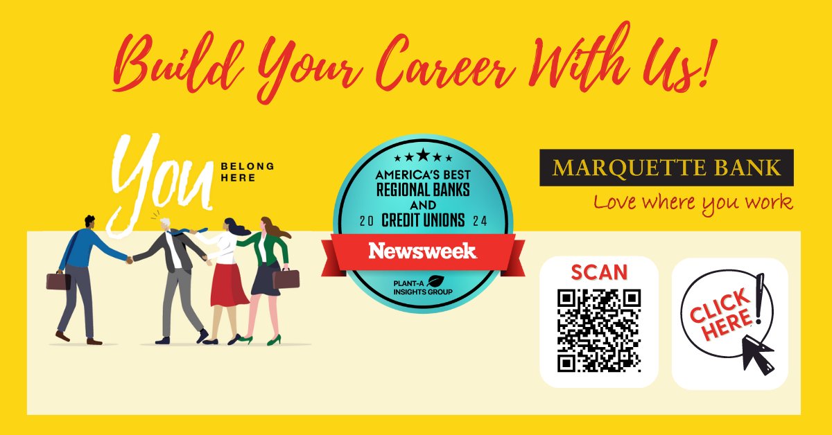 View our career opportunities to find that position you've been wanting! ❤️ You'll Love Where You Work at Marquette Bank! View openings now >> bit.ly/2ZQ4DWy  

#LoveWhereYouWork #BankJobs #Careers #CompetitiveWages #PerksAndBenefits