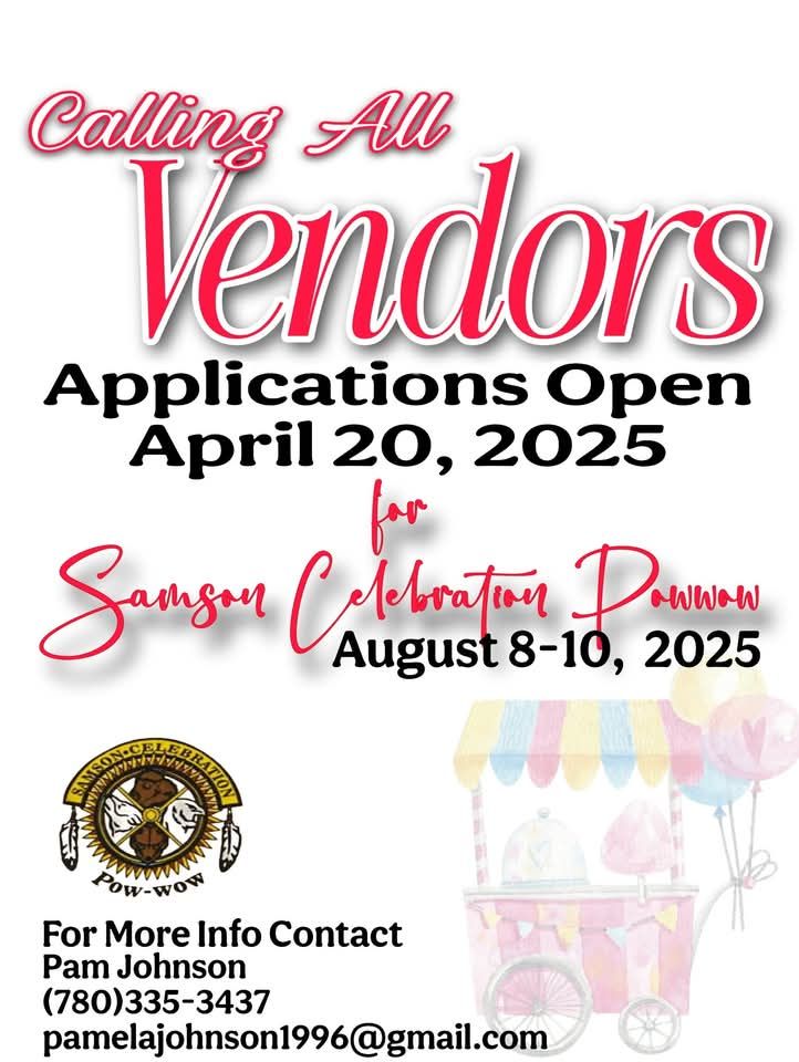 Calling all Vendors! 
Applications open for Samson Celebration Powwow 2025
August 8-10, 2025

#samsoncreenation #maskwacis #samsonpowwow #scnpowwow #samsoncelebrations #samsoncelebrationspowwow