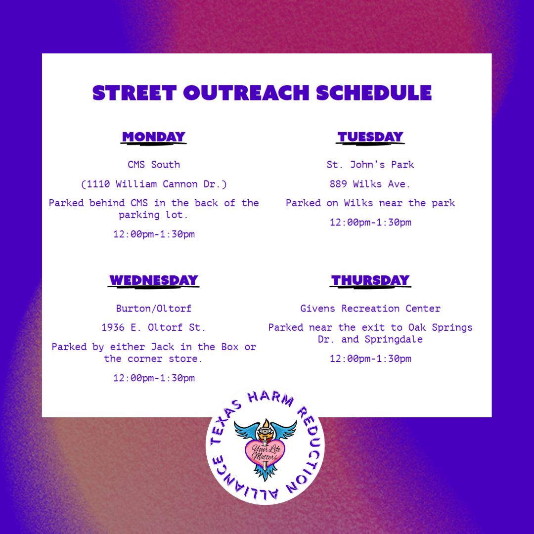 TexasHRA's tweet image. Summer Services Schedule💜
UPDATE - Outreach spot on Thursdays has changed!
See post ✨