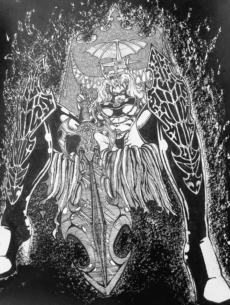 Next I'm on to the detailing of the skull-crown, the boots, highlights and accents then done.

I think

9x12" ink on Bristol