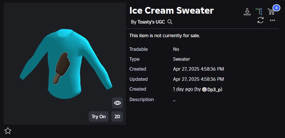 DpTheDev's tweet photo. The Ice Cream Sweater UGC. Will be going limited for free sometime this week!
To get this item you need to get my #TheBaseplate badge by completing the brand new in-game dimension!
See you there!
#FreeUGC #UGCEvent #FreeUGCEvent
(Totally didnt copy this from @IncrediblesGeam) https://t.co/fP7kjAjpAw