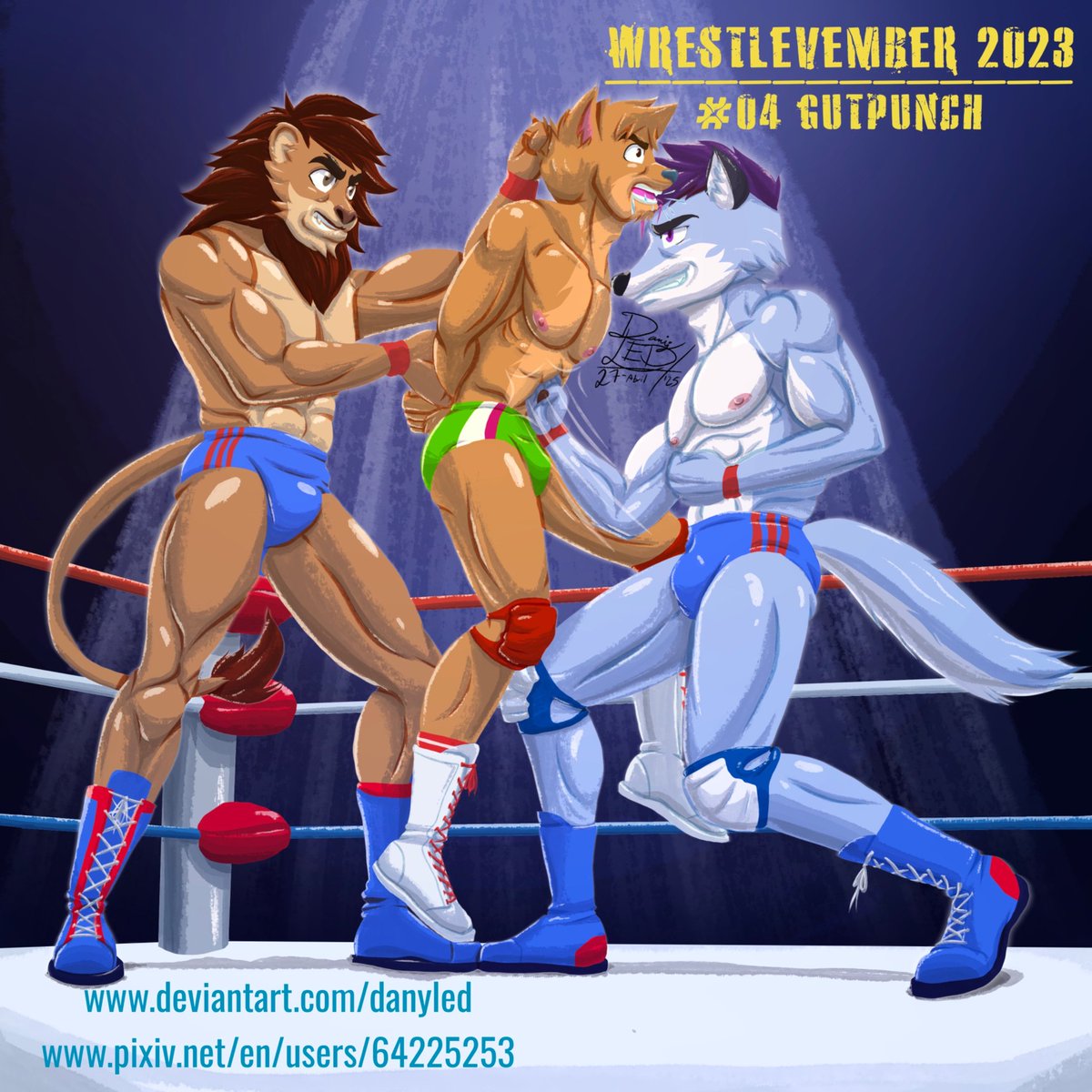 DanyLEDArts's tweet photo. Late Wrestlevember 2023 #4: Gutpunch

The newcomer Daigo (my fursona) is in trouble because he never expected to wrestle 2 ferocious beasts: Katsu @Yamatsumi3 and Cyrus @CyrusVortex . The Cyrus gutpunch almost knock him out, but as a good rookie, he must resist it.
#wrestlevember https://t.co/E5G9H6B3y1