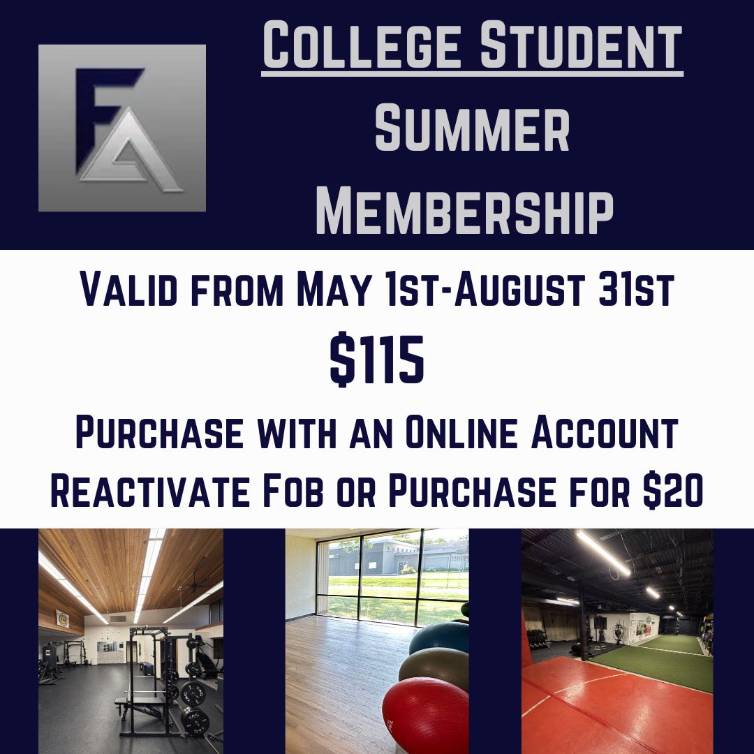 College Student Summer Membership available now for the FAC❕

Purchase online at thefathletics.com under The FAC tab.