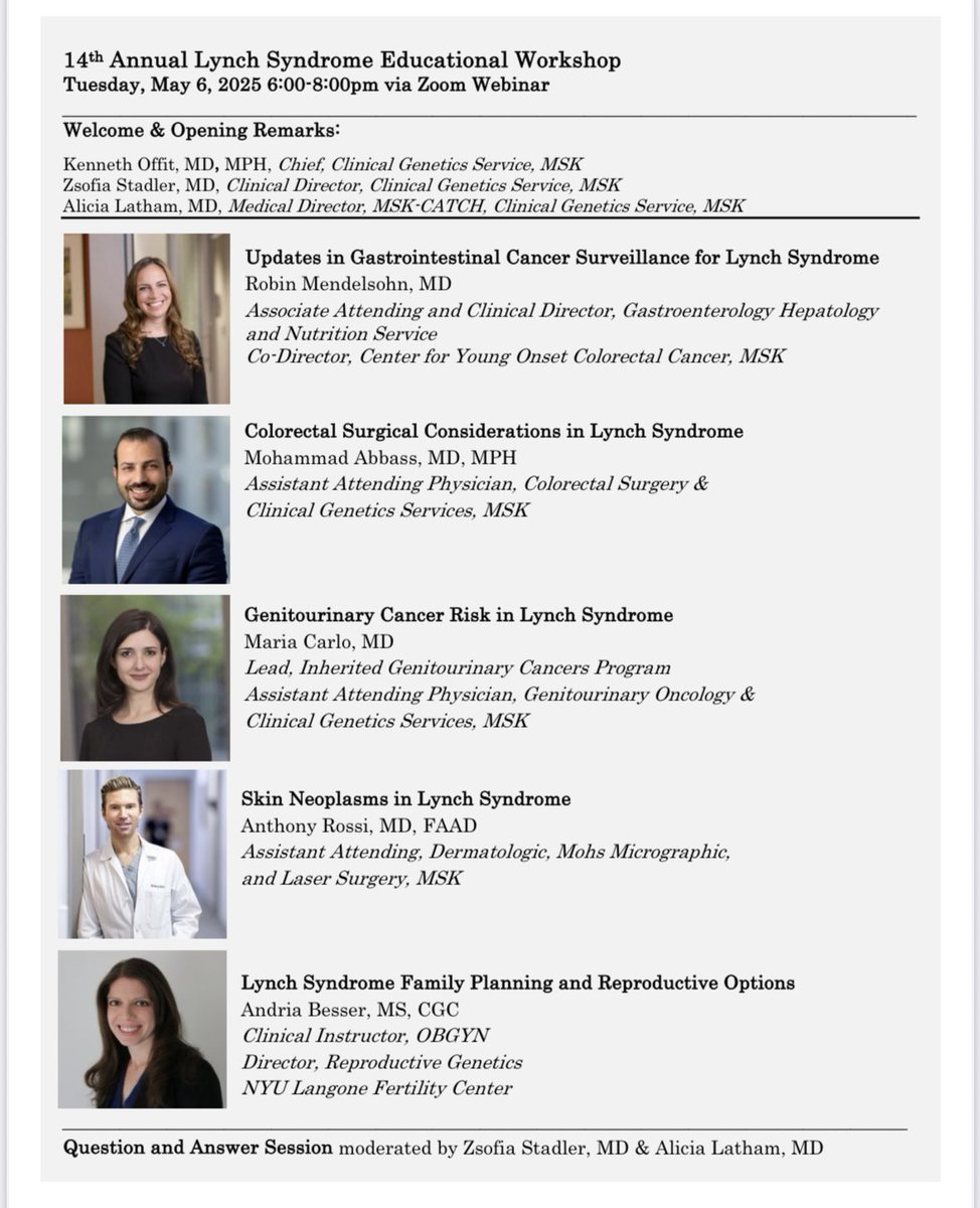 Megha Ranganathan (@meghar111) on Twitter photo Please join us for <a href="/MSKCancerCenter/">Memorial Sloan Kettering Cancer Center</a>’s 14th Annual Lynch Syndrome Educational Workshop
🗓️ Tues, May 6
⌚️6-8:30 PM
📍Zoom
Register: bit.ly/3EsxdBp
<a href="/CGAIGC/">CGA-IGC</a> <a href="/FightCRC/">Fight Colorectal Cancer</a> <a href="/Alive_And_Kickn/">AliveAndKickn</a> <a href="/GlobalCRC/">Global Colon Cancer Association</a> <a href="/CCAlliance/">Colorectal Cancer Alliance</a> <a href="/ColonCancerFdn/">Colon Cancer Foundation</a> <a href="/ColonCancerCoal/">Colon Cancer Coalition</a> <a href="/insightmeeting/">InSiGHT</a> <a href="/NSGC_CancerSIG/">NSGC CancerSIG</a> Please join us for <a href="/MSKCancerCenter/">Memorial Sloan Kettering Cancer Center</a>’s 14th Annual Lynch Syndrome Educational Workshop
🗓️ Tues, May 6
⌚️6-8:30 PM
📍Zoom
Register: bit.ly/3EsxdBp
<a href="/CGAIGC/">CGA-IGC</a> <a href="/FightCRC/">Fight Colorectal Cancer</a> <a href="/Alive_And_Kickn/">AliveAndKickn</a> <a href="/GlobalCRC/">Global Colon Cancer Association</a> <a href="/CCAlliance/">Colorectal Cancer Alliance</a> <a href="/ColonCancerFdn/">Colon Cancer Foundation</a> <a href="/ColonCancerCoal/">Colon Cancer Coalition</a> <a href="/insightmeeting/">InSiGHT</a> <a href="/NSGC_CancerSIG/">NSGC CancerSIG</a>
