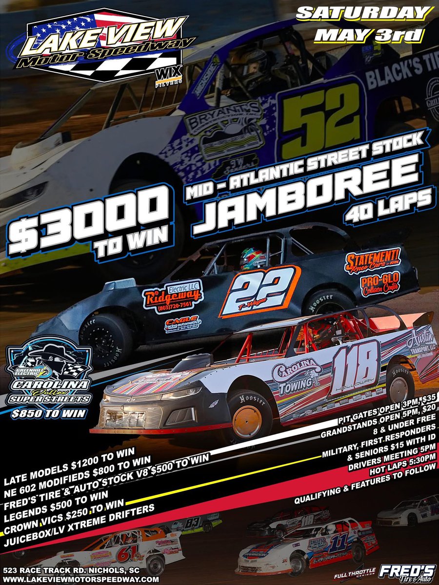 **NOTE** STREET STOCKS WILL QUALIFY ON SATURDAY ONLY. FRIDAY IS ONLY PRACTICE &amp; TEST AND TUNE

We raised the weekly purse to $1200 to win in 2025 this weekend street stocks will go head to head 40 laps for a $3000
For more info, rules visit us at
lakeviewmotorspeedway.com