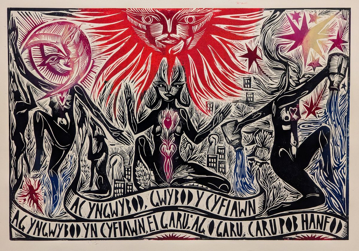 Bodau Nefol (Cân i Iolo)

Linocut, image size 60cm x 40cm

Ac yngwybod, gwybod y cyfiawn;

Ag yngwybod yn cyfiawn, ei garu

Ag o garu, caru pob hanfod

Geiriau Iolo Morganwg 

Ar gael yma, available here cottageindustrycymru.com/shop/p/9gaoxuu…