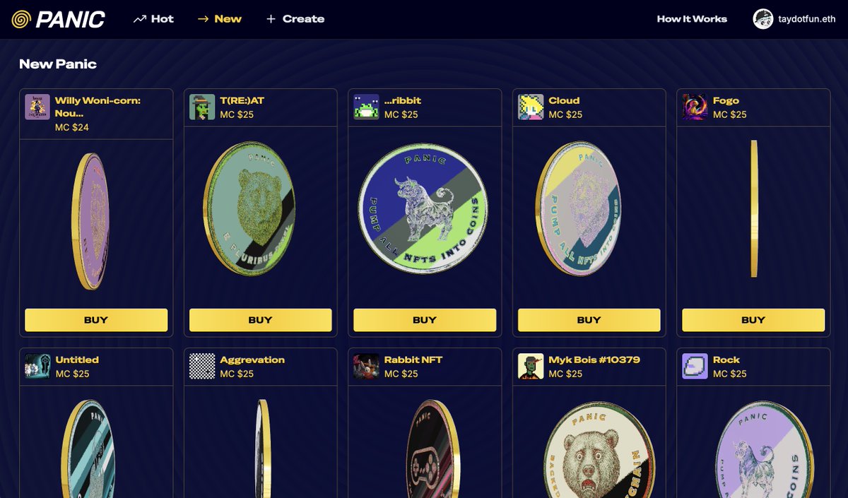 everyone else copies the same launch pad
we think its a sign to create something new

use any nft as the seed to create a PANIC coin

and split rewards 50/50 with the original creator
powered by <a href="/zora/">$zora</a> <a href="/base/">Base</a> <a href="/0xSplits/">Splits</a>