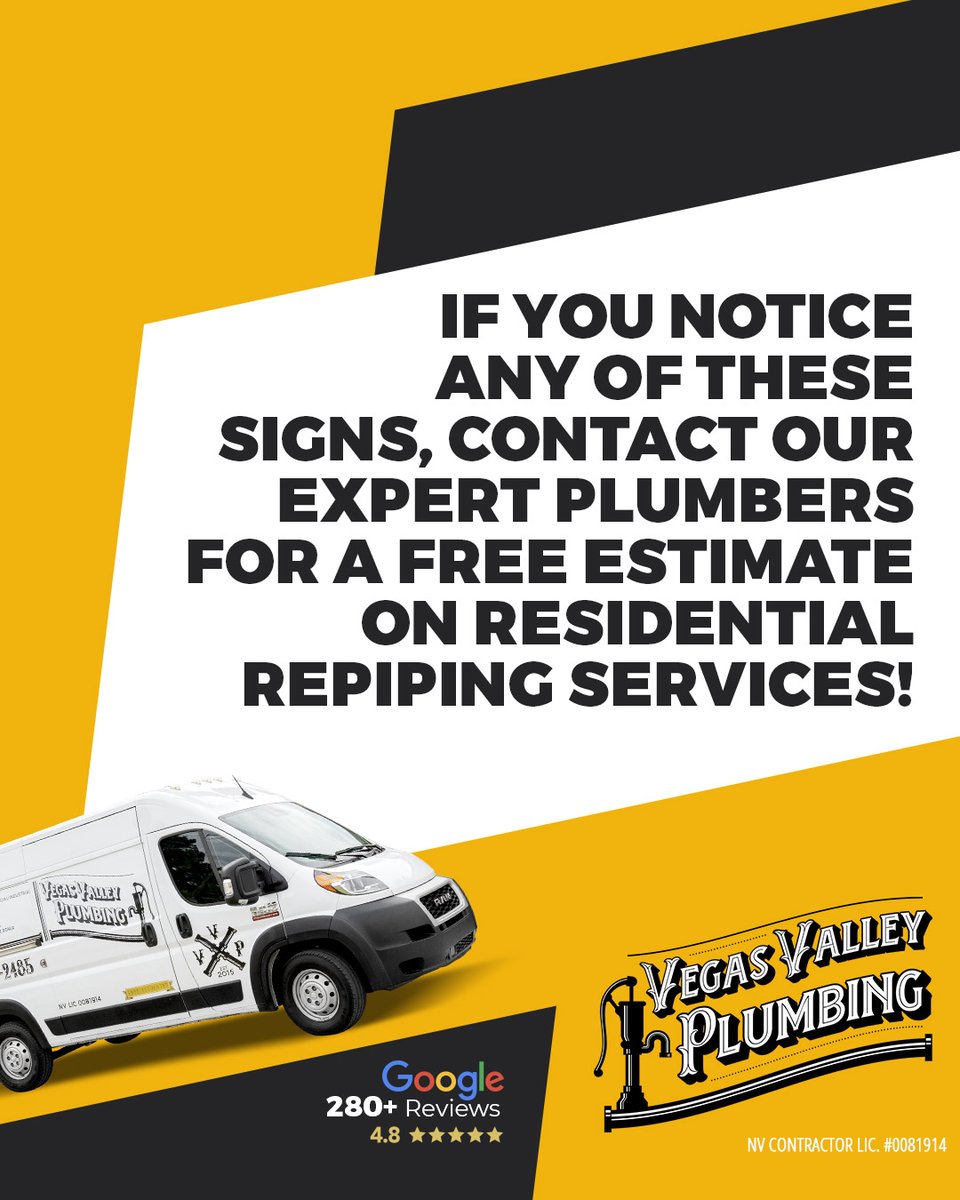 PlumbingVVP's tweet image. Swipe for a few telltale signs it might be time for repiping in your home! If any of these sound familiar, it’s time to call Vegas Valley Plumbing! 

#RepipingExperts #VegasValleyPlumbing #PlumbingSolutions #HomeMaintenance