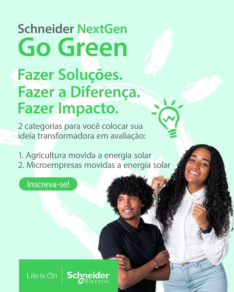 O Schneider Go Green 2025 está com inscrições abertas até 31 de maio. ✅🗓️

Este ano, nossa competição global de estudantes, realizada em parceria com o Programa de Educação e Empreendedorismo Juvenil da Schneider (cont) spr.ly/l/60102Uyqn