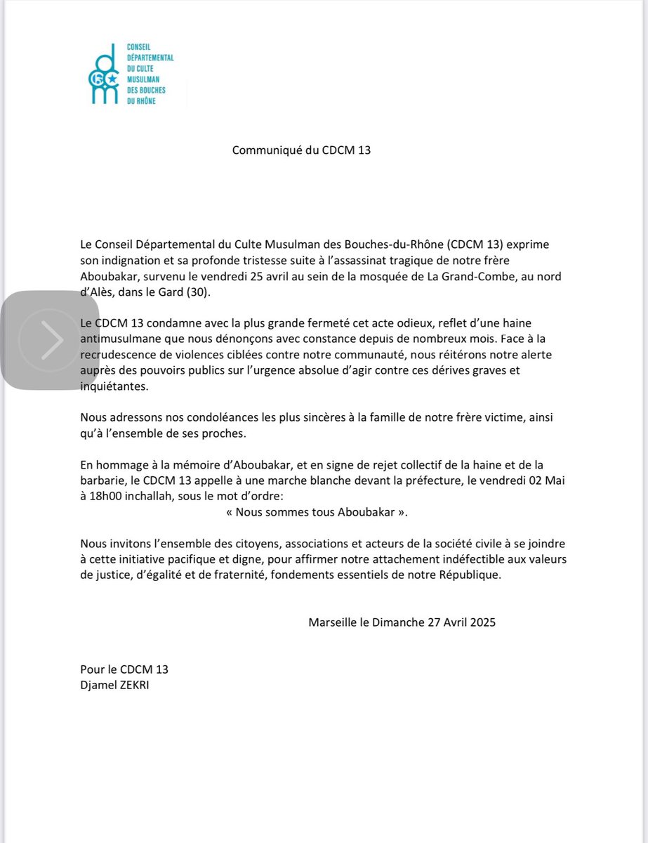 Communiqué du cdcm13 au sujet de l’assassinat de Aboubakar