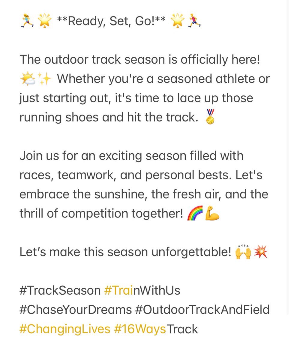 16ways's tweet photo. 🏃♀️🌟 **Ready, Set, Go!** 🌟🏃♂️
The outdoor track season is officially here! 🌤️✨ #TrackSeason #TrainWithUs #ChaseYourDreams #OutdoorTrackAndField#ChangingLives #16WaysTrack https://t.co/aYzsutzvQ3