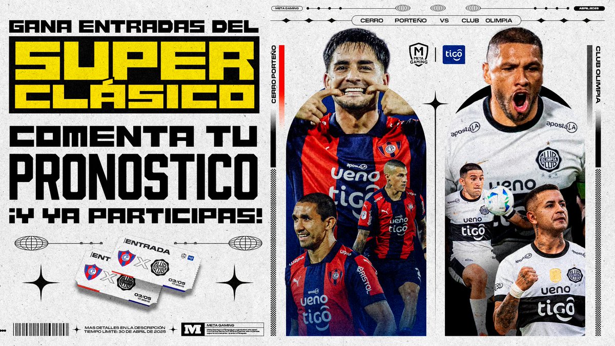 ¡TE LLEVAMOS A LA FIESTA FUTBOLERA! ⚽

De la mano de los amigos de Tigo te llevamos al #SuperClasico, ¿estás preparado para tirar ese pronóstico? 🔮👀

¡Seguí los pasos!
- Comenta tu pronóstico del partido
- Seguir a @metagamingpy y @tigoparaguay
- Ser cliente de Tigo

#GoMeta〽
