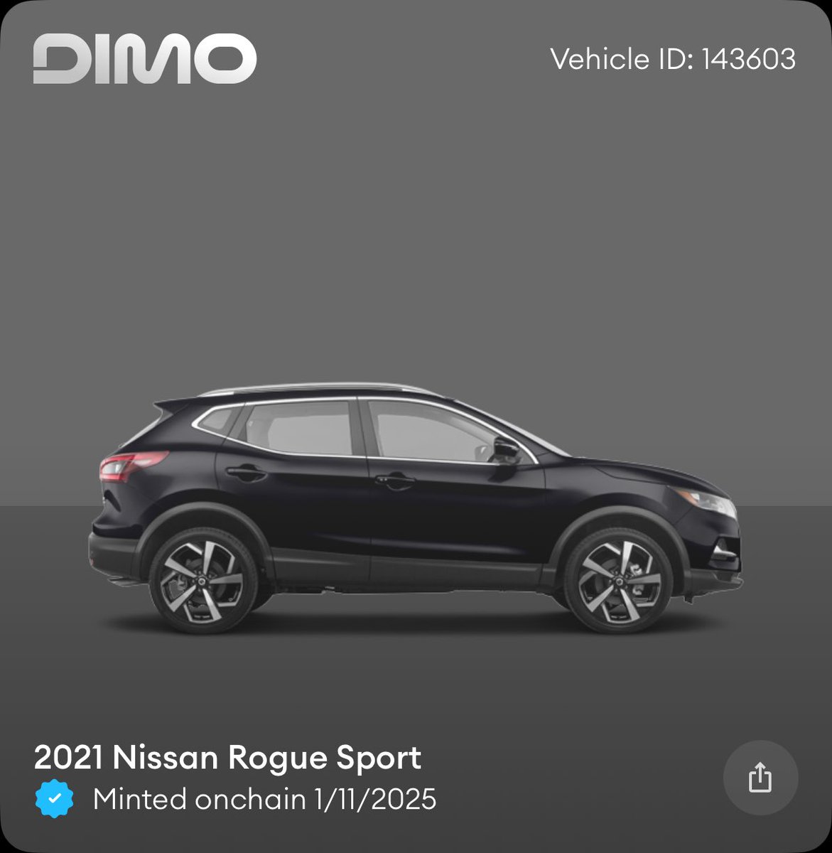 jaydtee_feg's tweet photo. I just minted my car onchain with @DIMO_Network. Mint yours here: https://t.co/SIY42WPIUk https://t.co/rv22vX7L27