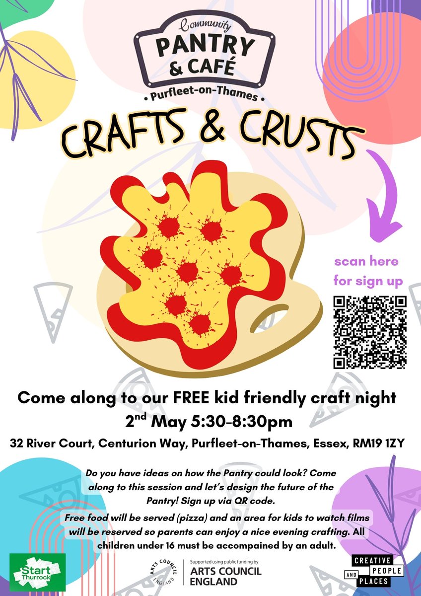 Get creative at a crafts and crusts night on Friday evening at the Purfleet-on-Thames Pantry, where there will be free creative activities and pizza! There's very limited spaces,You have a chance to help paint the Pantry, scan and sign up