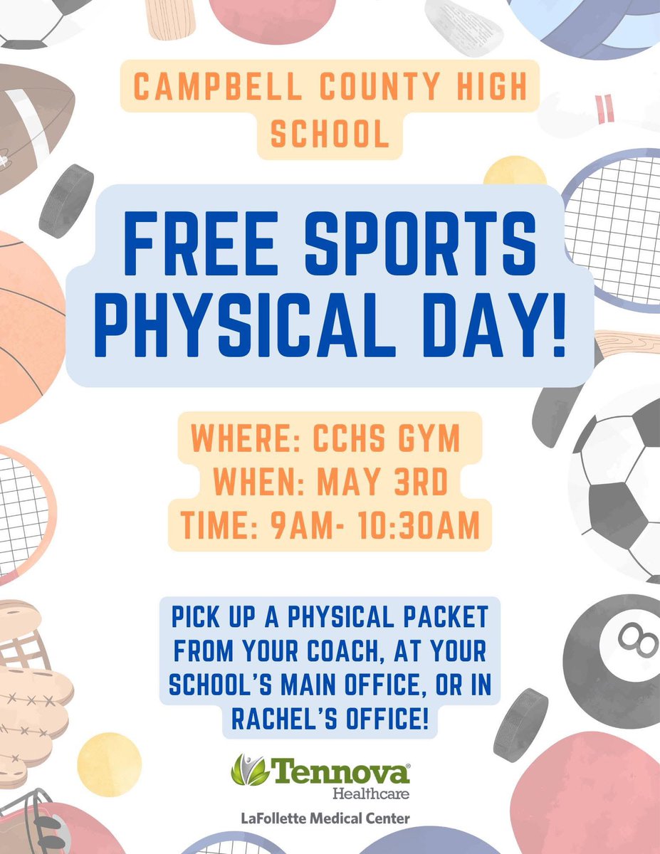 🚨🚨 PHYSICAL DAY 🚨🚨

Don’t forget! This Saturday, 9-10:30, Tennova is offering free physicals at CCHS in the gym.

To try out or participate in summer workouts, all CCHS athletes need a new physical dated on or before April 15, 2025