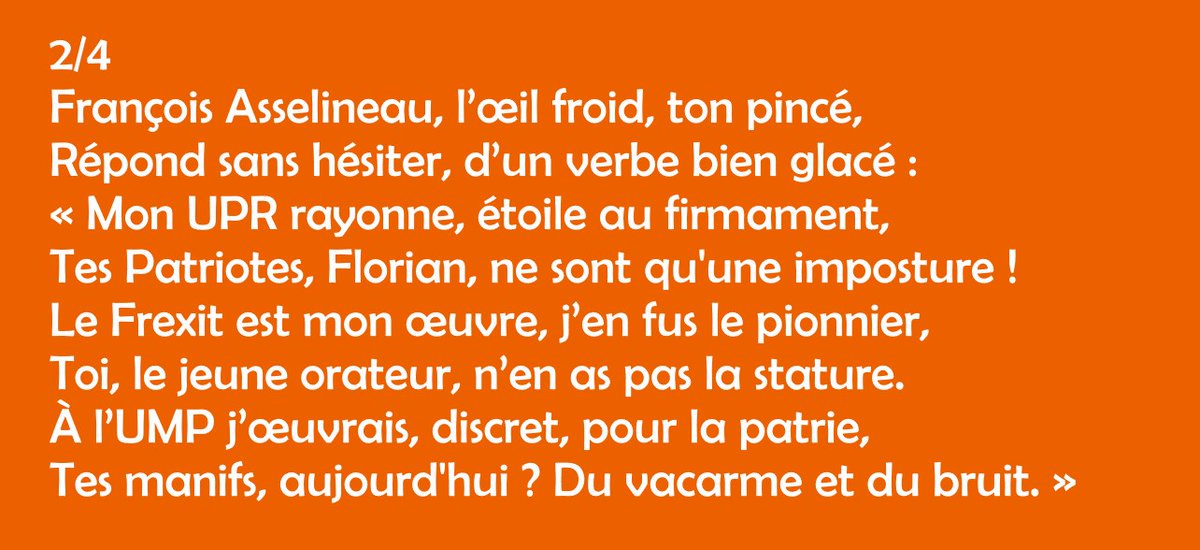 LaureAngeOrange's tweet photo. Je me suis dit, peut-être qu'en alexandrins et avec humour, le message passerait mieux!😅Qu'en pensez-vous? #frexit #philippot #asselineau #upr #LesPatriotes #BlocSouverainiste @lesamisdufrexit @AnneCoustou @FBrook_Arktis @Peccata_Mundi @leeloolaeti @FrexiTony @davidYaute74 https://t.co/2BPctAN5rU