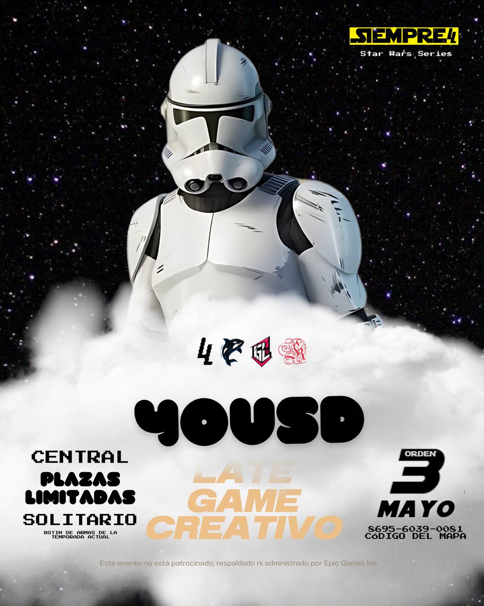 3º edición del LATE GAME CREATIVO
#StarWarsSeries🚀
——ENTRADA GRATUITA——

Suma puntos por eliminaciones y posicionamiento mientras compites por llevarte el botín de 𝟒𝟎 𝐃ó𝐥𝐚𝐫𝐞𝐬 𝐄𝐬𝐭𝐚𝐝𝐨𝐮𝐧𝐢𝐝𝐞𝐧𝐬𝐞𝐬. ¿Tienes lo que se necesita para dominar el lobby? 🙂‍↕️

👤