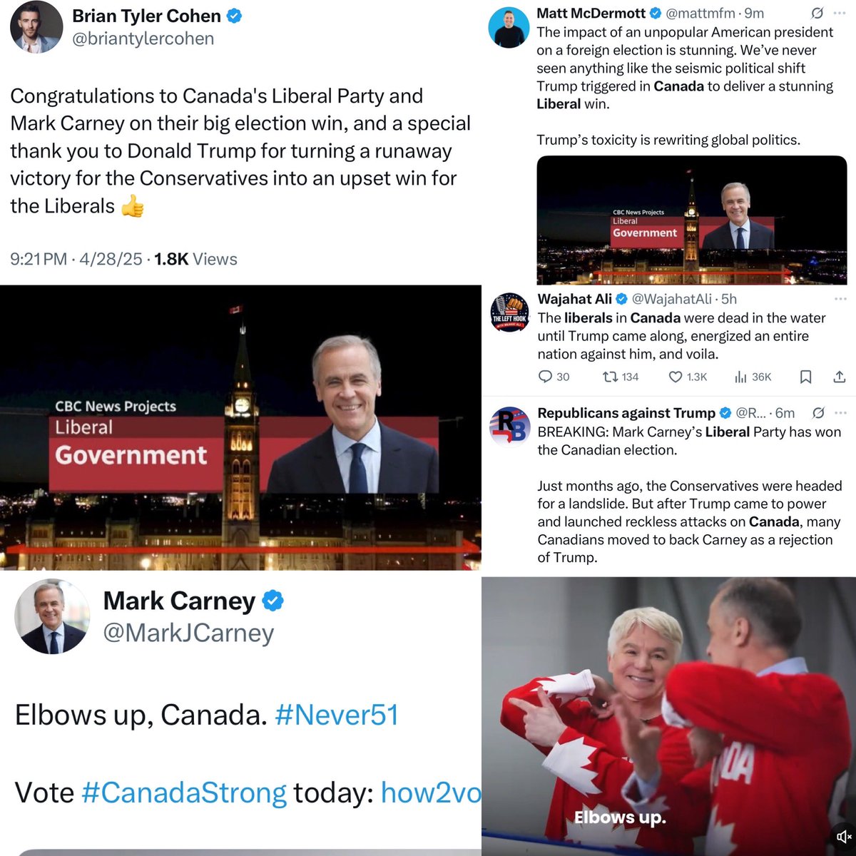 🇨🇦 Mark Carney &amp; the liberal party win in Canada - a clear rebuke of Trump, who turned a conservative landslide upside down with his attacks. #ElbowsUp