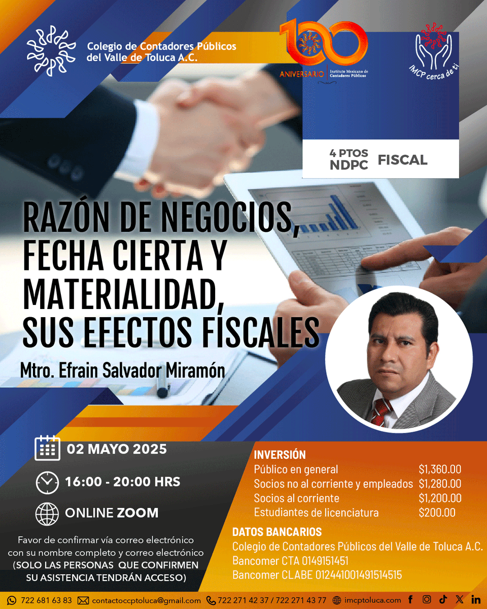 🔴 Curso: "Razón de negocios, fecha cierta y materialidad, sus efectos fiscales" con el Mtro. Efraín Salvador Miramón

🗓️02 de mayo de 2025
🕓16:00 a 20:00 hrs
🌐Online vía Zoom
👉Aparta tu lugar al WhatsApp 722 681 6383 o al correo contactoccptoluca@gmail.com