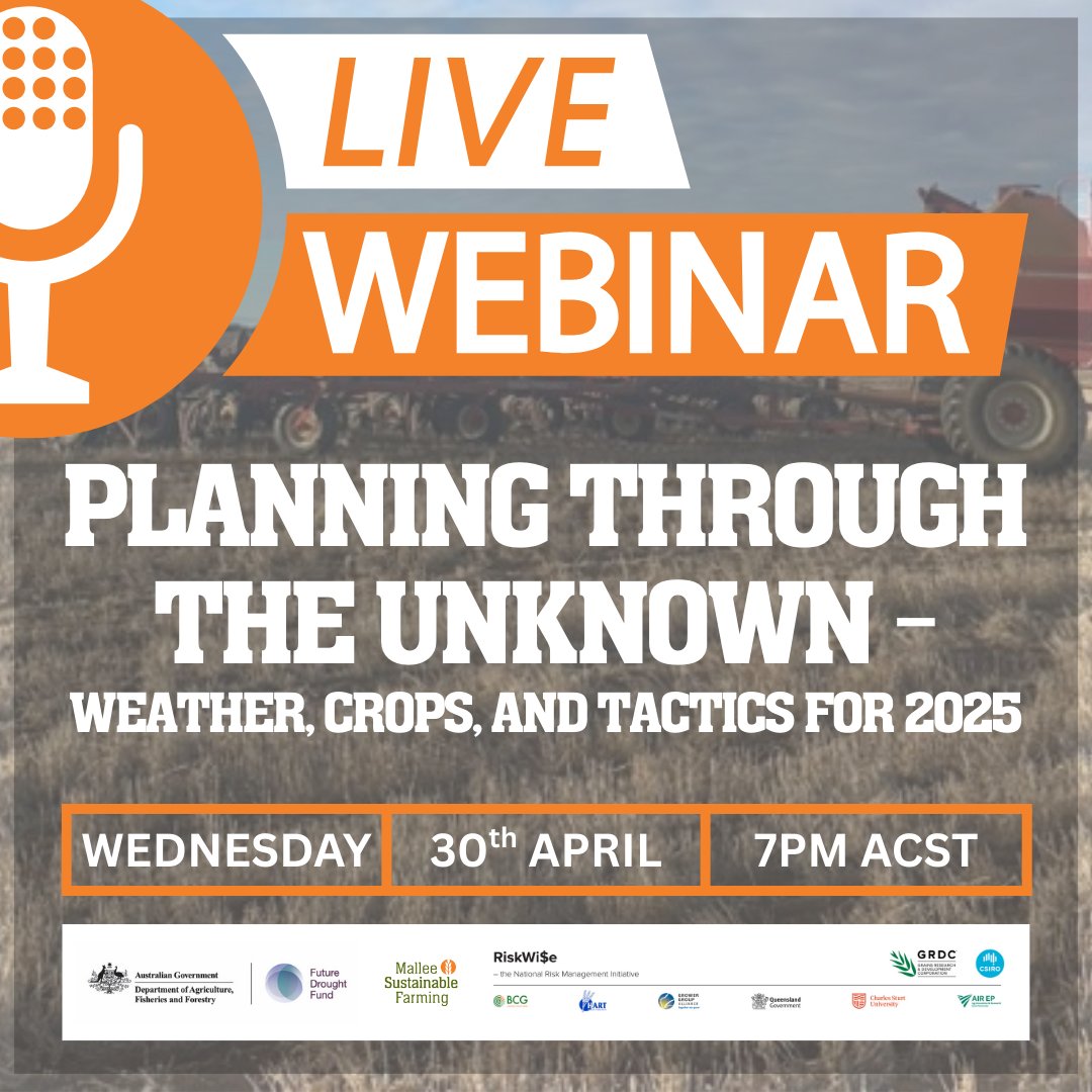 Facing another tough season? Join MSF’s Planning Through the Unknown webinar TOMORROW — 30 April, 7PM ACST 🌱 Agronomy tips with <a href="/jeffwbraun/">Jeff Braun</a>  💲 Cropping choices with <a href="/MudgeBarry/">Barry George Mudge</a>  🌀 Climate forecasts with Peter Hayman
🔗 Register now: loom.ly/q6grbVE <a href="/theGRDC/">GRDC</a>
#RiskWise