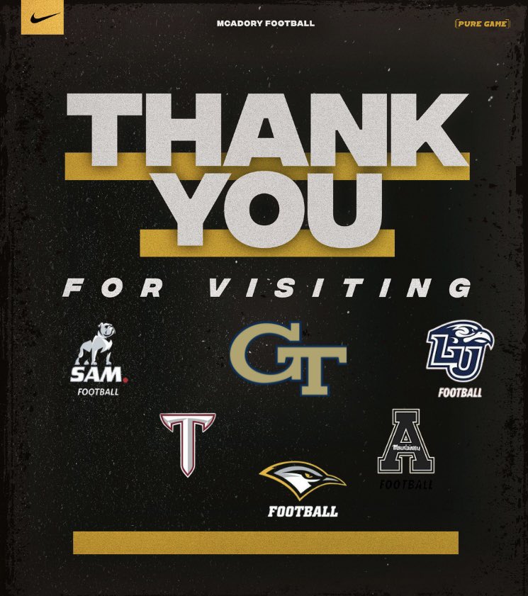 McAdory Football Recruiting (@mcadoryrecruit) on Twitter photo Thanks to the following schools for stopping by today recruiting our student athletes!
<a href="/SamfordFootball/">Samford Football</a> <a href="/LibertyFootball/">Liberty Football</a> <a href="/AppState_FB/">App State Football</a> <a href="/TroyTrojansFB/">Troy Trojans Football 8x⚔️</a> <a href="/GeorgiaTechFB/">Georgia Tech Football</a> <a href="/GoMocsFB/">Chattanooga Football</a> <a href="/Tony_TDUB/">Tony Washington</a> <a href="/CoachBanks2008/">Gary Banks</a> <a href="/CoachKenLucky/">Kenny Lucky</a> <a href="/CoachALarkins/">Aashon Larkins</a> <a href="/CoachTMcKnight/">Trent McKnight</a> <a href="/coach_sloan/">Coach Scot Sloan</a> Thanks to the following schools for stopping by today recruiting our student athletes!
<a href="/SamfordFootball/">Samford Football</a> <a href="/LibertyFootball/">Liberty Football</a> <a href="/AppState_FB/">App State Football</a> <a href="/TroyTrojansFB/">Troy Trojans Football 8x⚔️</a> <a href="/GeorgiaTechFB/">Georgia Tech Football</a> <a href="/GoMocsFB/">Chattanooga Football</a> <a href="/Tony_TDUB/">Tony Washington</a> <a href="/CoachBanks2008/">Gary Banks</a> <a href="/CoachKenLucky/">Kenny Lucky</a> <a href="/CoachALarkins/">Aashon Larkins</a> <a href="/CoachTMcKnight/">Trent McKnight</a> <a href="/coach_sloan/">Coach Scot Sloan</a>