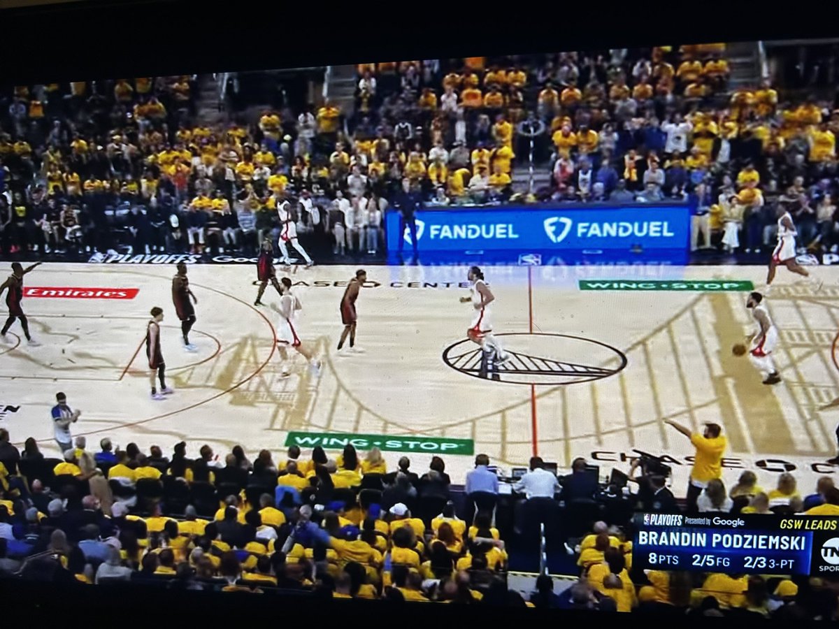 TitanXeeter's tweet image. Shout out to the NBA for turning the Warriors court into a Times Square fever dream. Just waiting for a giant QR code to chase Steph Curry down the lane.