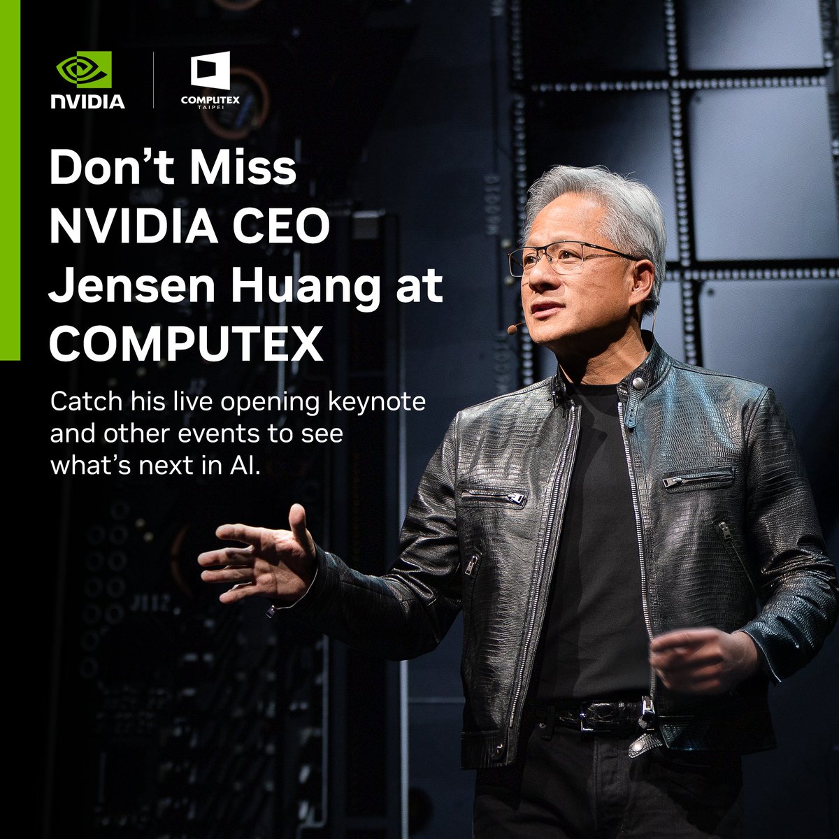 See @NVIDIA CEO Jensen Huang live as he kicks off #COMPUTEX2025 with the opening keynote at the Taipei Music Center.
📅 May 19, 11:00 a.m. Taipei Time
Register for COMPUTEX to attend in person or save the date to watch the virtual stream: events.computextaipei.com.tw/en/

#GTCTaipei will