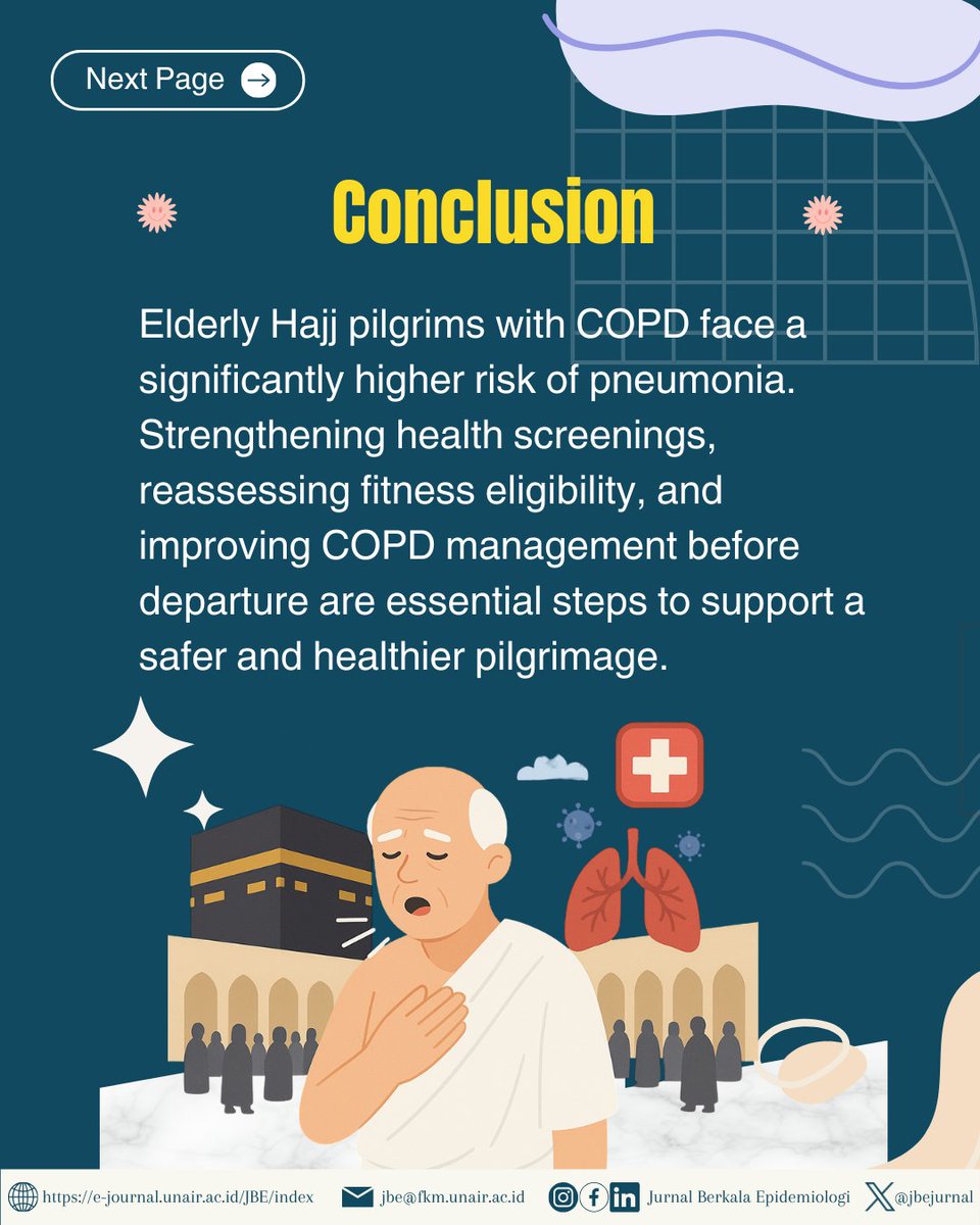 JbeJurnal's tweet image. 📊 A new study finds COPD is the biggest risk factor for pneumonia among elderly Hajj pilgrims—37.1% were affected in 2023. Stronger pre-departure screening &amp;amp; better comorbidity management are key. 🕋🫁
Read more: 
🔗 doi.org/10.20473/jbe.v…
#JBE #HajjHealth #COPD #pneumonia