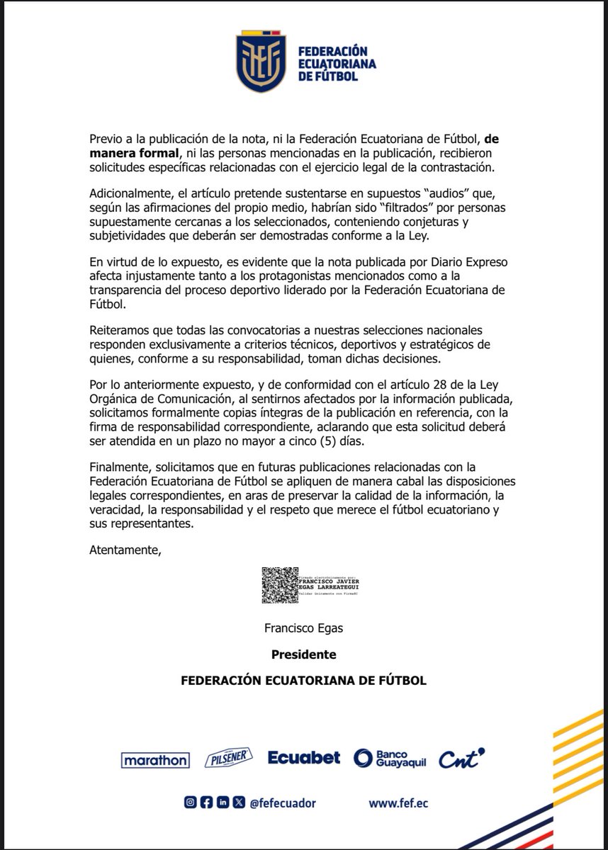 FEFecuador's tweet image. La Federación Ecuatoriana de Fútbol comparte la carta enviada a Diario Expreso y Diario Extra sobre lo publicado el domingo 27 de abril de 2025.