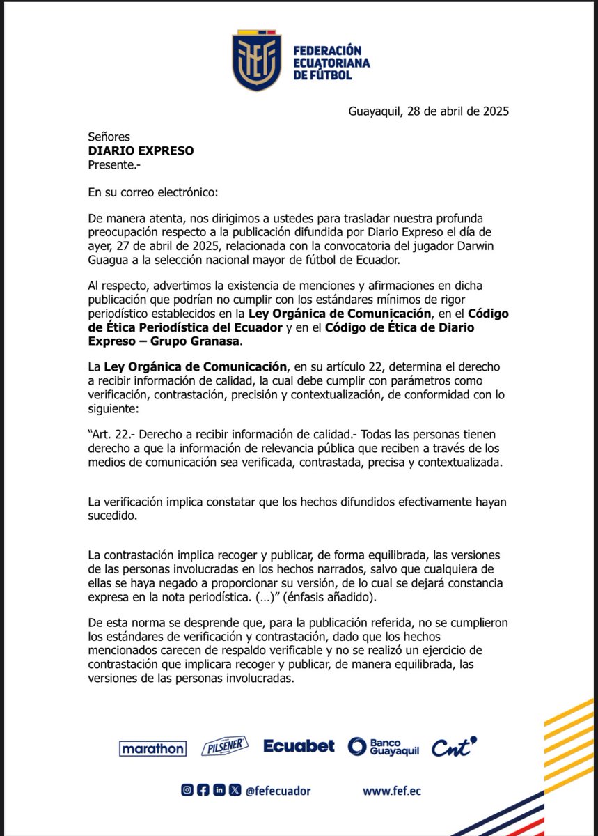 FEFecuador's tweet image. La Federación Ecuatoriana de Fútbol comparte la carta enviada a Diario Expreso y Diario Extra sobre lo publicado el domingo 27 de abril de 2025.