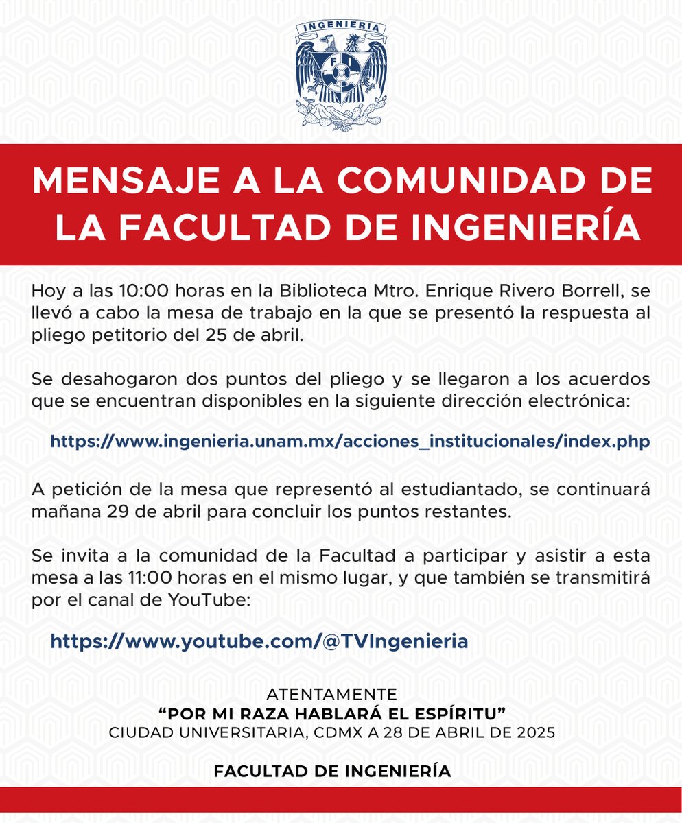 Ingeniería UNAM (@fiunam_mx) on Twitter photo Mensaje a la comunidad de la Facultad de Ingeniería.
Respuesta al pliego: ingenieria.unam.mx/acciones_insti…
Link del streaming: youtube.com/@TVIngenieria
<a href="/die_fi_unam/">División de Ingeniería Eléctrica</a> <a href="/DICT_FIUNAM/">División de Ingeniería en Ciencias de la Tierra</a> <a href="/dicyg/">DICyG - FI</a> <a href="/DIMEIFIUNAM/">DIMEIFIUNAM</a> <a href="/uatUnam/">Unidad de Alta Tecnología</a> <a href="/SocialesyHum_FI/">DCSyH FI UNAM</a> Mensaje a la comunidad de la Facultad de Ingeniería.
Respuesta al pliego: ingenieria.unam.mx/acciones_insti…
Link del streaming: youtube.com/@TVIngenieria
<a href="/die_fi_unam/">División de Ingeniería Eléctrica</a> <a href="/DICT_FIUNAM/">División de Ingeniería en Ciencias de la Tierra</a> <a href="/dicyg/">DICyG - FI</a> <a href="/DIMEIFIUNAM/">DIMEIFIUNAM</a> <a href="/uatUnam/">Unidad de Alta Tecnología</a> <a href="/SocialesyHum_FI/">DCSyH FI UNAM</a>