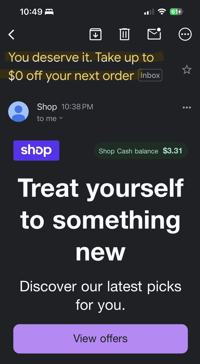 I really dislike most email marketing. But, once in a while, one catches my attention. Thanks  <a href="/Shopify/">Shopify</a> <a href="/shop/">Shop</a> for the laugh. Looking forward to saving up to $0 on my next order…I deserve it.  #shopapp #marketing #emailmarketing