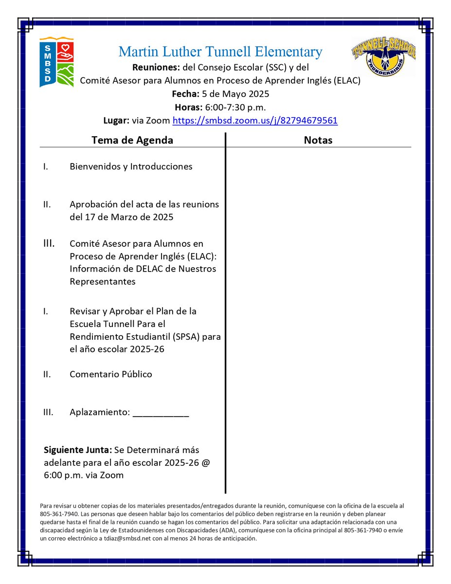 Please Join Us for the SSC&amp; ELAC Meetings on Monday, May 5, 2025 at 6:00 p.m. Click on the following link to join the meeting:  smbsd.zoom.us/j/82794679561 ALL are welcome at our School Site Council &amp; ELAC meetings!