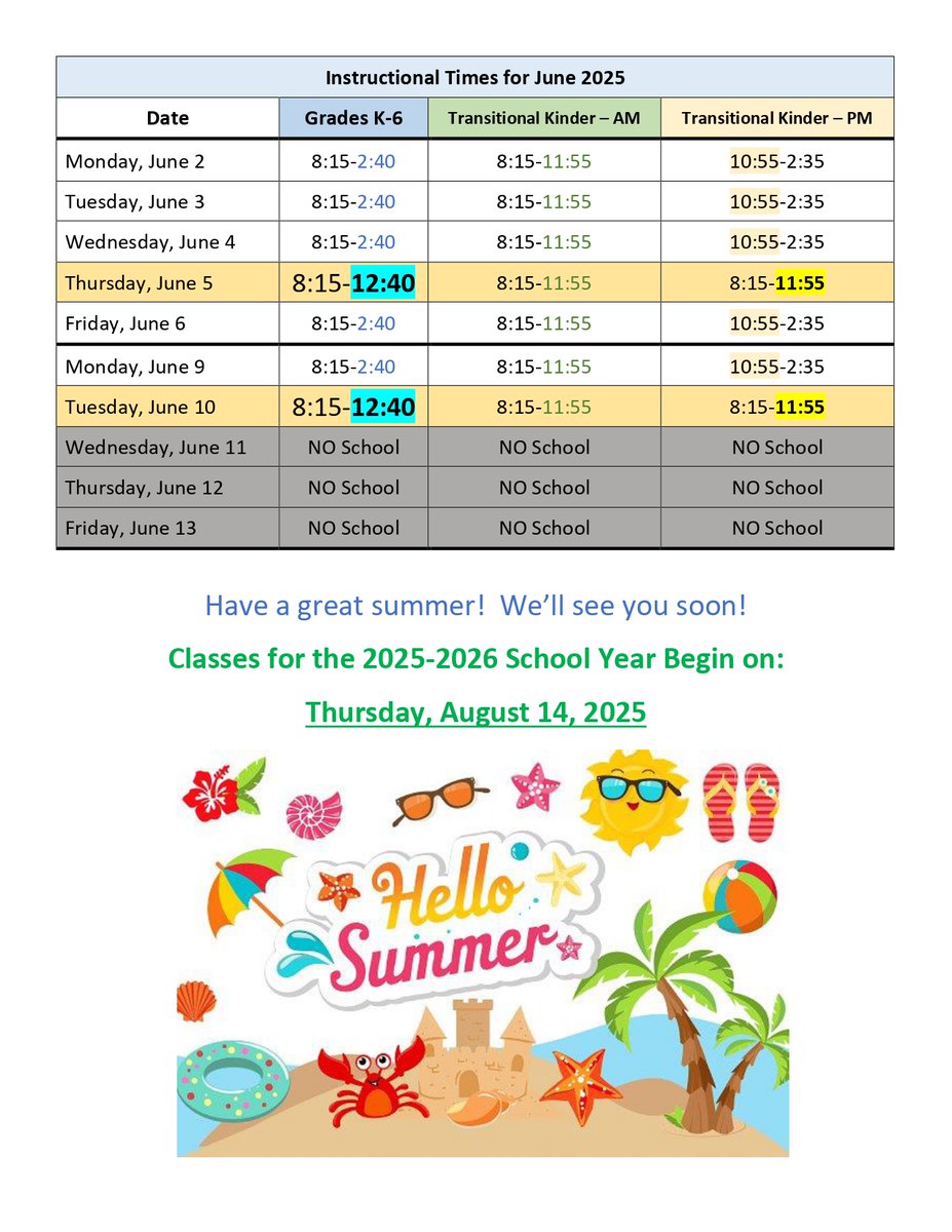 National &amp; California Teacher Appreciation Week - May 5-9, 2025
Tunnell School OPEN HOUSE - Thurs., May 8, 2025 from 5-6:30 p.m.
Memorial Day - NO School - Mon., May 26, 2025
Last Day of School - Tues., June 10, 2025 (9:00 a.m. Kinder Celebration, &amp; 10:30 6th Grade Celebration)