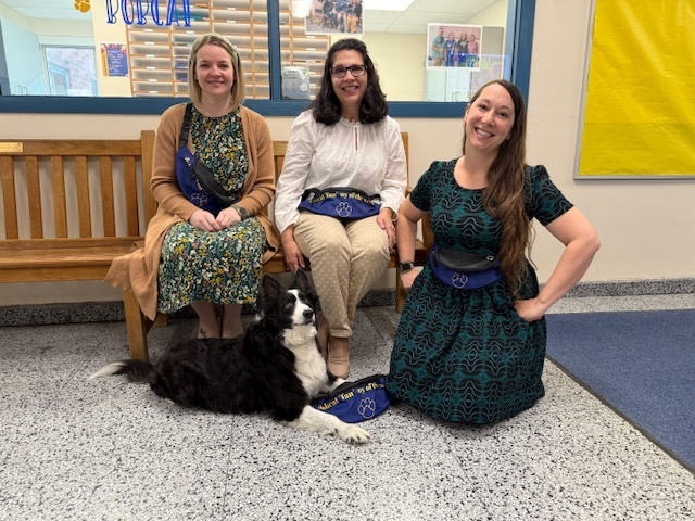 RCBuckleyLCSD's tweet photo. Our next round of amazing Lansing educators and special support! 
Mrs. Mott, Mrs. Case, Mrs. Maynard and our very own therapy dog, Mr. Bojangles (aka Mr. B.) Where would we be without you? It's a great day to be a Bobcat! https://t.co/2hO51YHpD3