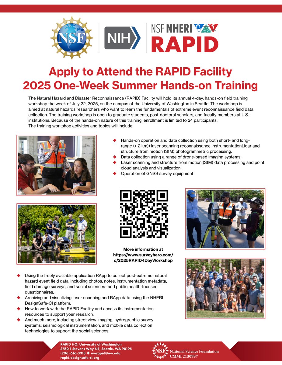 🚨 Applications for the 2025 NHERI RAPID Intensive Workshop close Wednesday!

Learn to use field equipment, drones, and lidar for natural hazard research.
🗓️ July 22–25 at UW
🔗 Apply now: surveyhero.com/c/2025RAPID4Da…

#NHERI #RAPIDFacility #DisasterResearch