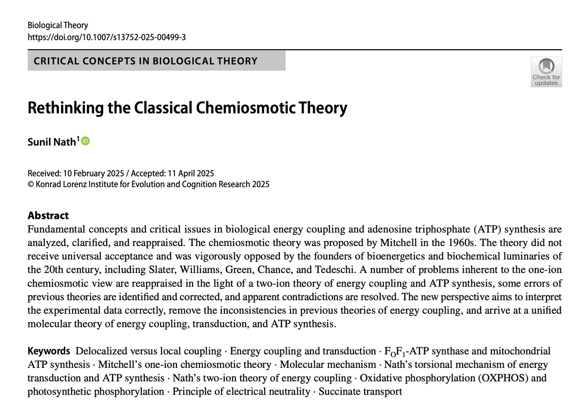 BiolTheory's tweet image. ➡️ New article out⬅️
"Rethinking the Classical Chemiosmotic Theory"
by Sunil Nath
Free reading link: rdcu.be/ejMCL
Part of our "Critical Concepts in Biological Theory" collection: link.springer.com/collections/hd…